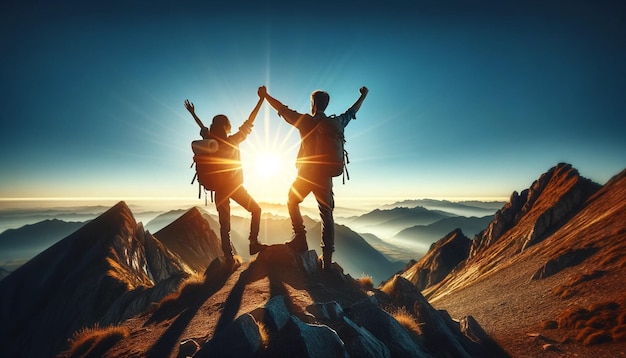 couple celebrating success on a mountain top