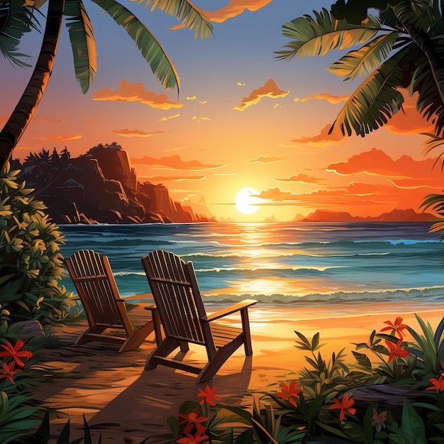 A couple of chairs on a beach with palm trees and a sunset