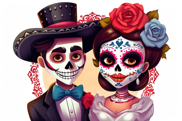 a couple character dia de muertos isolated white background