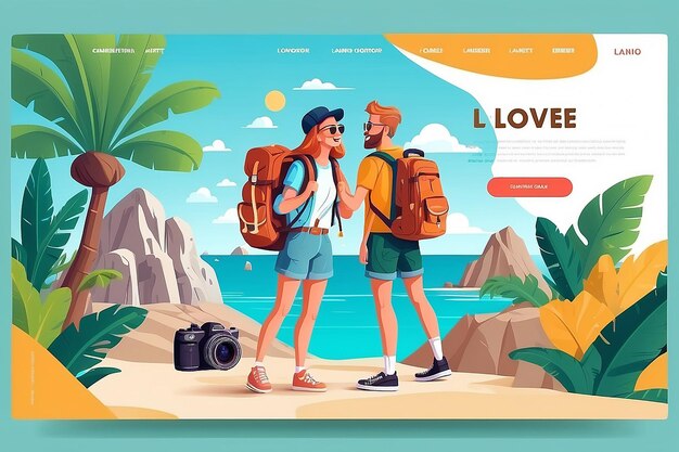 Foto couple character love travel landing page template (template di pagina di destinazione per i personaggi di coppia)