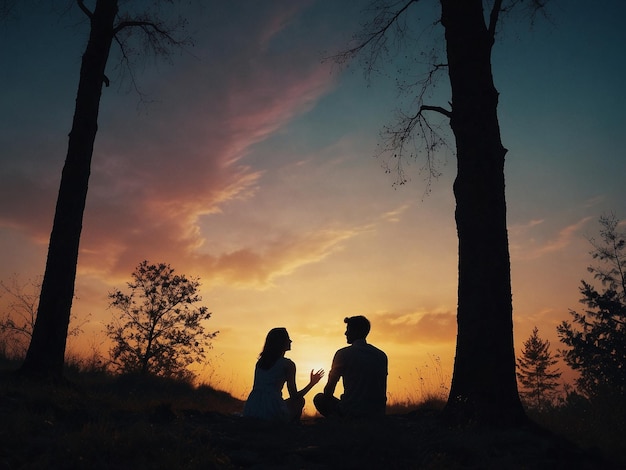 a couple chatting in front of the sunset