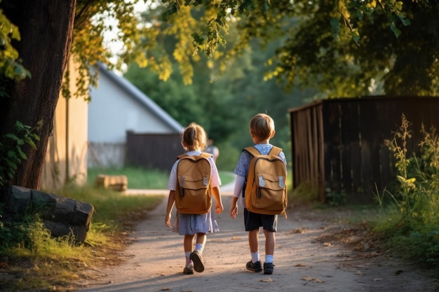 休日の後学校への最初の日に向かうバックパックを背負った子供たちのカップル学校への復帰コンセプト