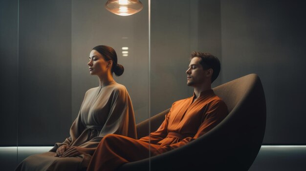 A couple chilling doing meditation in a modern future zen vibe cinematic shot