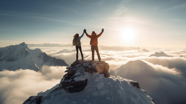 Foto una coppia di alpinisti in piedi in cima a una montagna e alzando le mani in aria