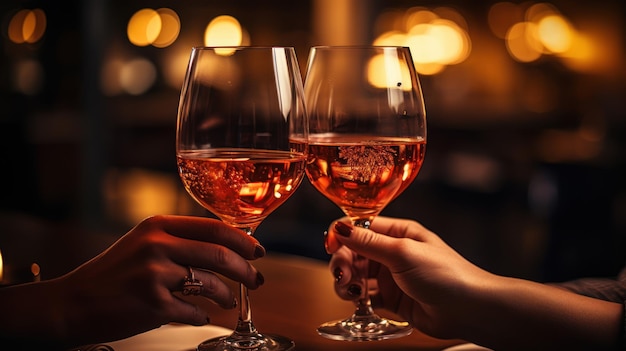 Foto coppia di bicchieri tintinnanti durante la cena di san valentino al ristorante