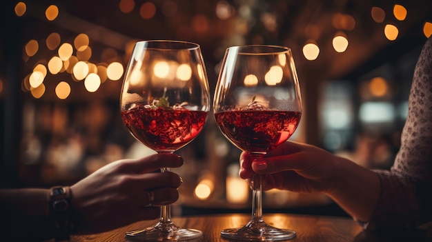 Foto coppia di bicchieri tintinnanti durante la cena di san valentino al ristorante