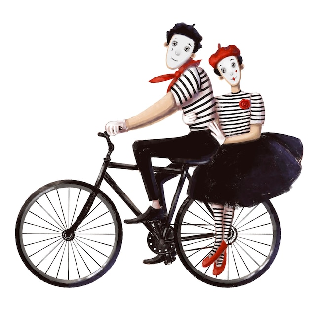 Couple clown mime riding bicycle watercolor style illustration funny clipart with cartoon character