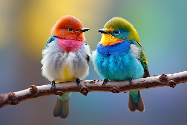 Couple of colorful bird sitting together on branch in sunset