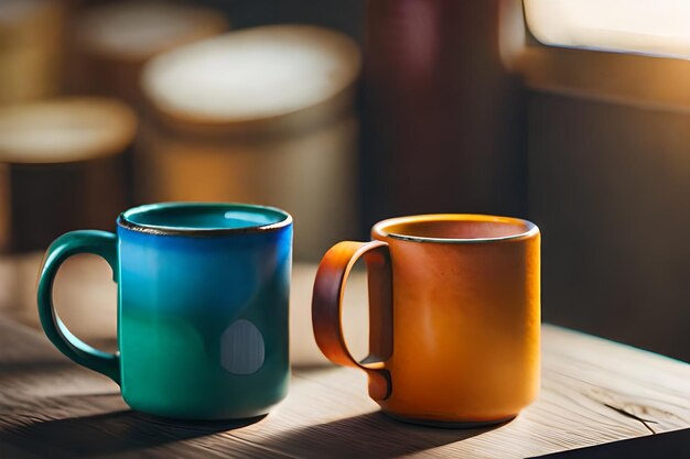 a couple of colorful cups are on a table