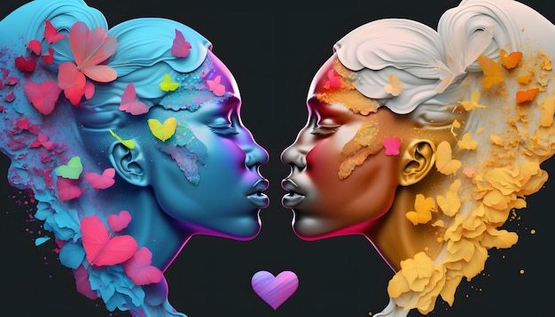 A couple of colorful faces with hearts on them