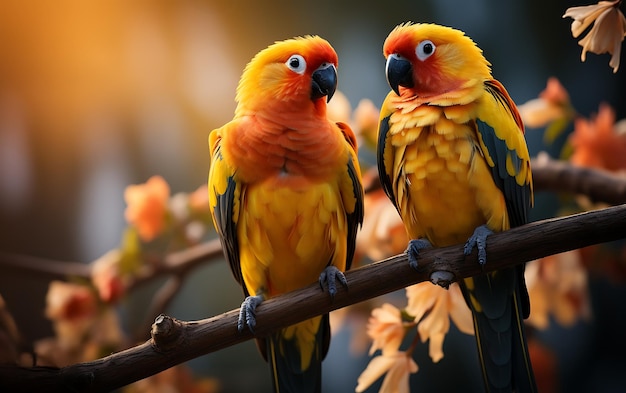 Couple of colorful parrots sitting on a branch isolated on white background