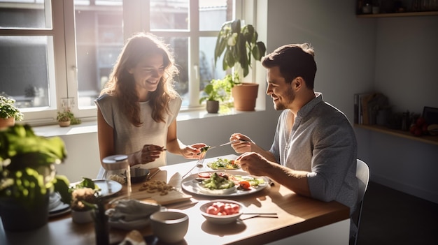 A couple connects over a healthy homemade meal in a sunlit modern kitchen