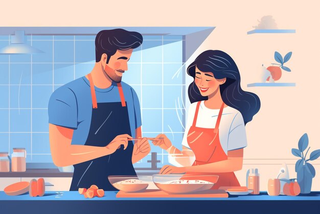 Couple cook together in their kitchen