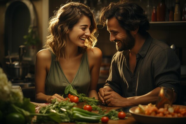 Photo couple cooking food in the kitchen