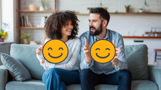 Couple on couch with emoticons