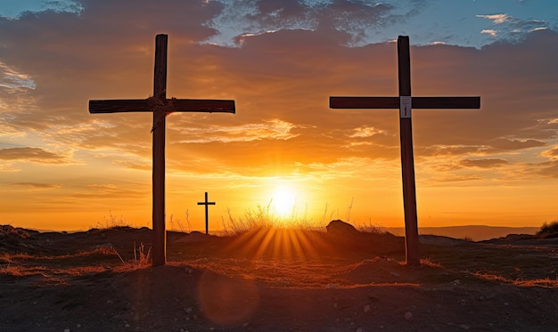 A couple of crosses sitting in the middle of a field