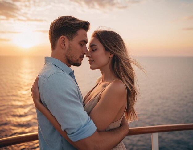 a couple on a cruise ship with the sun setting behind them