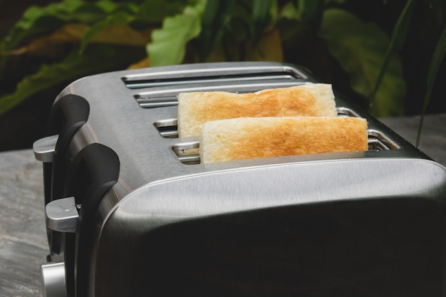 A couple of crusty toasts in the toaster, close-up