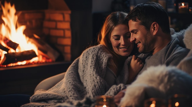 Couple cuddling by a cozy fireplace