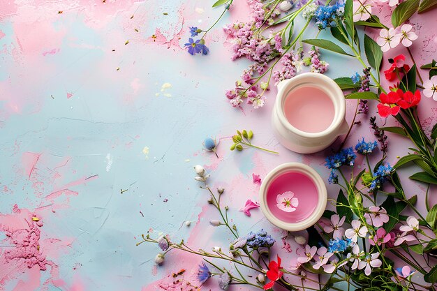 Photo a couple of cups sitting on top of a table filled with flowers