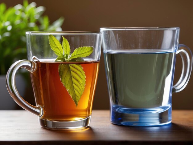 Photo a couple of cups of tea sitting on a table next to a plant