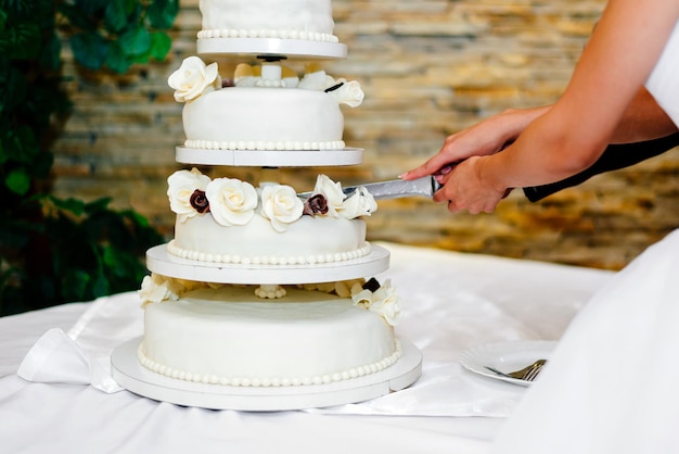 Пара разрезает свадебный торт