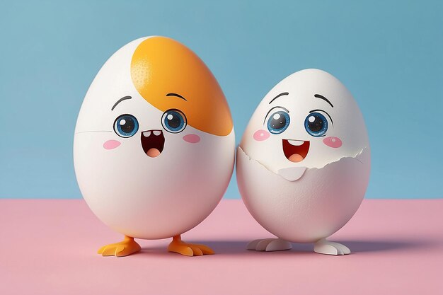 Photo couple cute eggs with different facial expressions delighted and confused