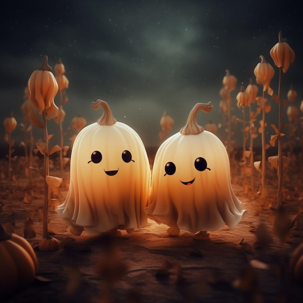 Couple of cute ghosts in a field with pumpkins