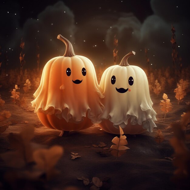 Couple of cute ghosts in a field with pumpkins