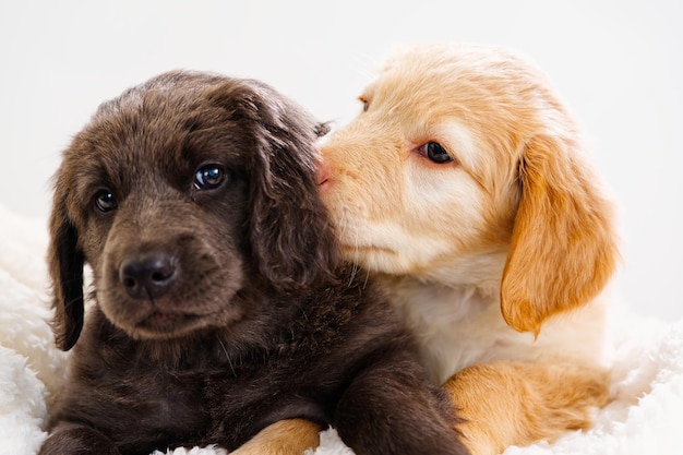 Coppia di simpatici cuccioli giocano tra loro hovawart alleva un cucciolo carino e divertente