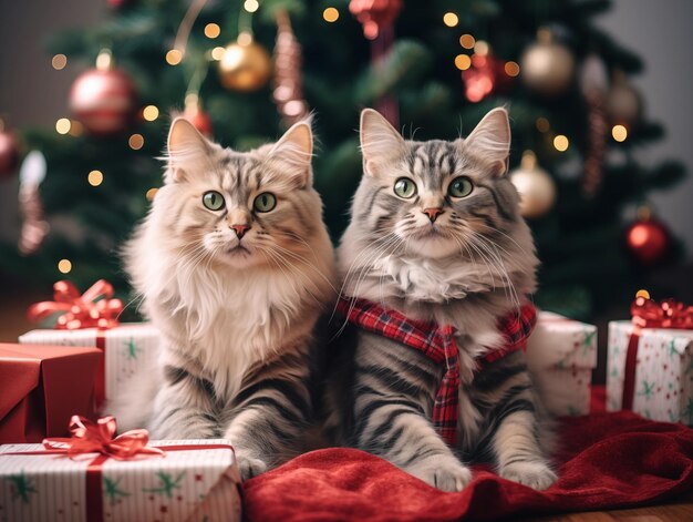 クリスマステーマのペット写真のために装飾されたクリスマスツリーの下に座っているかわいいサンタの猫のカップル