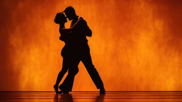 Couple of dancers approach each other and begin to dance Argentine tango Elements of latin ballroom dance in studio with orange brown background