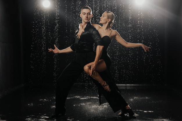 A couple of dancers on a black background in a studio in the aqua zone