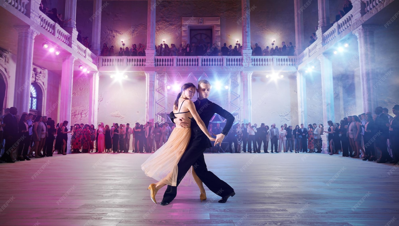 Premium Photo Couple dancers perform waltz on large professional stage ballroom dancing