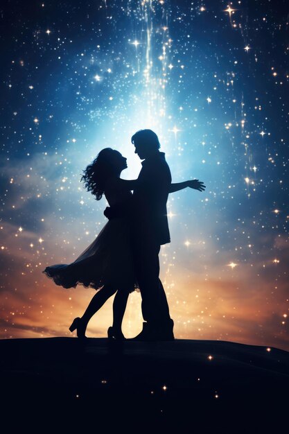 Foto una coppia balla in mezzo a un cielo pieno di stelle.