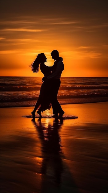 A couple dancing on a beach at sunset