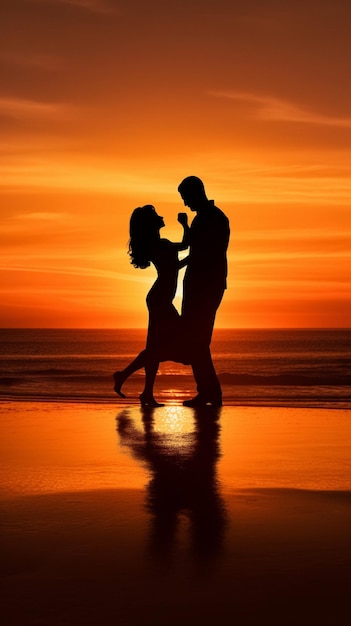 A couple dancing on the beach at sunset