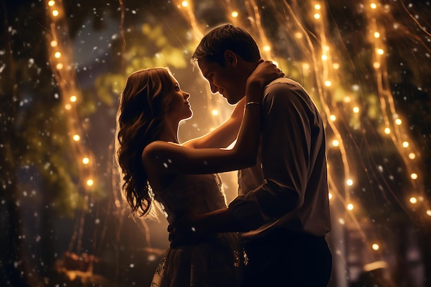 バレンタインデーの魔法とロマンスを捉える 妖精の光の天井の下で踊るカップル
