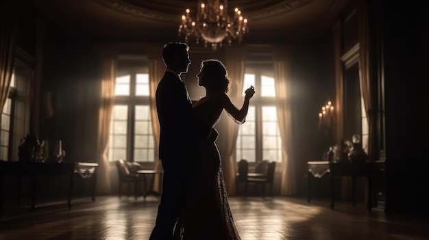 A couple dancing in a dark room with a chandelier in the background.