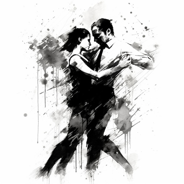 Foto una coppia che balla davanti a un quadro in bianco e nero.