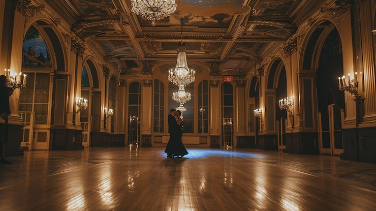 Photo couple dancing in a grand ballroom