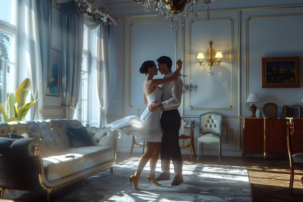 Photo couple dancing in the living room