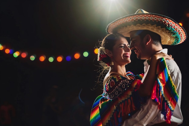 Coppia che balla in costumi tradizionali messicani cinco de mayo sfondo con spazio di copia