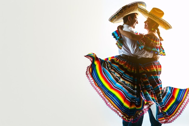 Foto coppia che danza in costumi tradizionali messicani cinco de mayo concept