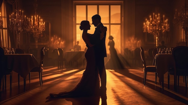A couple dancing in a room with a window behind them