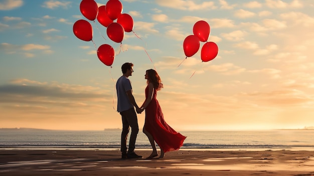 Couple dancing on the seashore in the evening with heartshaped balloons Generative AI