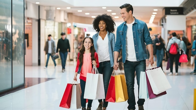 Couple and daughter with shopping bags are in shopping mall