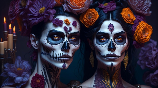 couple day of the dead sugar skull makeup Da de Muertos ai generative