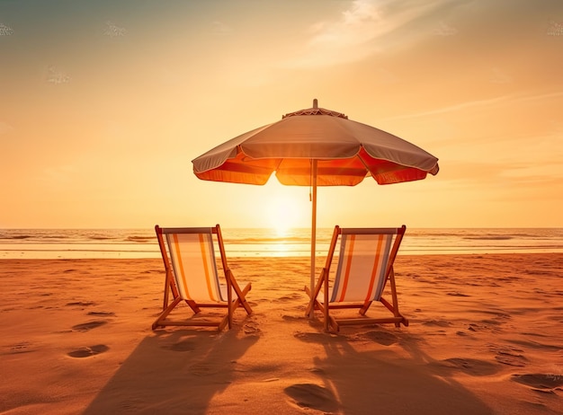 Couple of deck chairs on empty sea beach Tropical spa resort in exotic country Vacation travel to Thailand