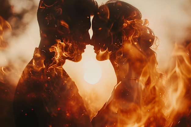 A couple deeply in love portrayed against the backdrop of fire in a double exposure